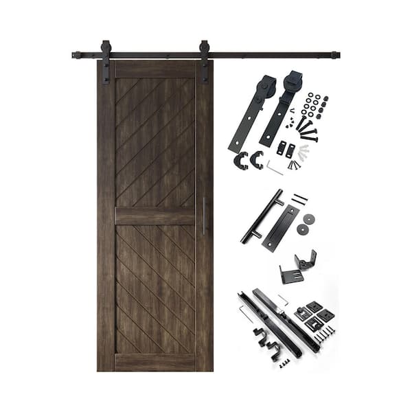 HOMACER XT3 26 in. x 80 in. C-Panel Ebony Slanted Stripe Design Solid Pine Wood Sliding Barn Door with Hardware Kit