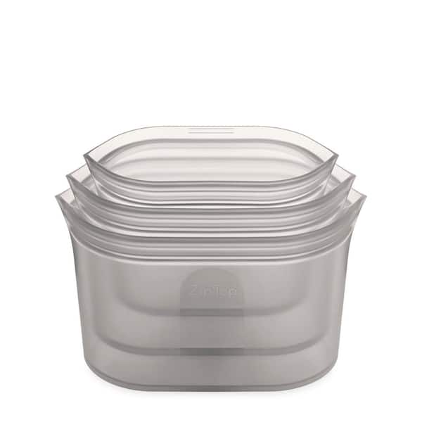 Zip Top Reusable Silicone 3-Piece Dish Set - Small 16 oz., Medium 24 oz., Large 32 oz. Zippered Storage Containers in Gray