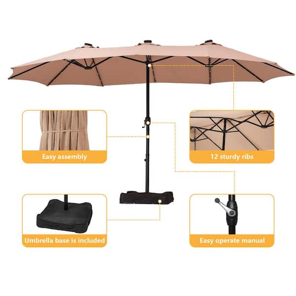 15 ft. Steel Patio Double-Side Market Umbrella with Base and Solar Light with Base in Beige