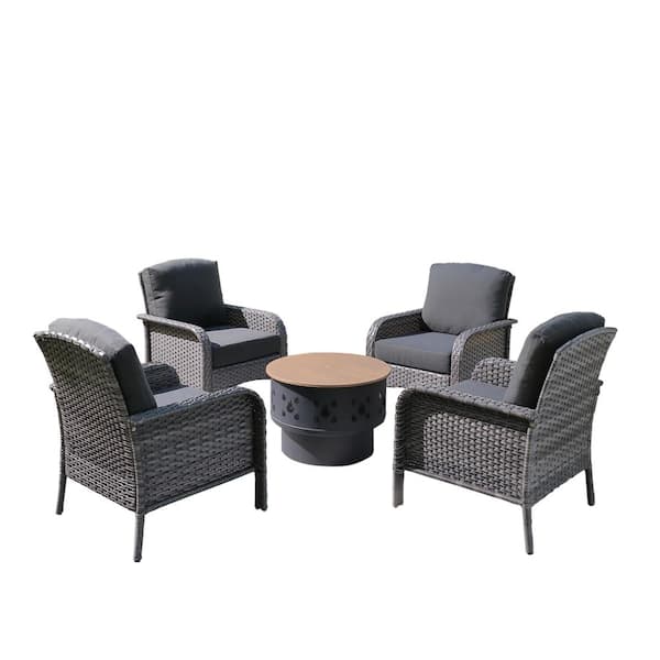 Denali Gray 5-Piece Wicker Modern Outdoor Patio Conversation Chair Set with a Wood-Burning Fire Pit and Black Cushions