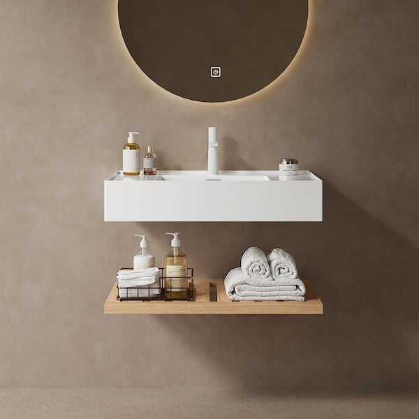 6.89 in. White Acrylic Wall-Mounted Bathroom Integrated Sink and Shelf