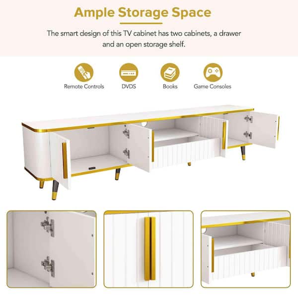 Modern White/Gold TV Stand Fits TV's Up to 85 in. with Open Storage Shelf, Cabinets and Drawers, Unique Legs