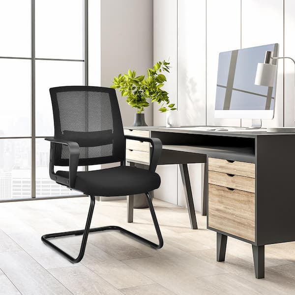 Gymax Set of 2 Black Conference Chairs Mesh Reception Office Guest