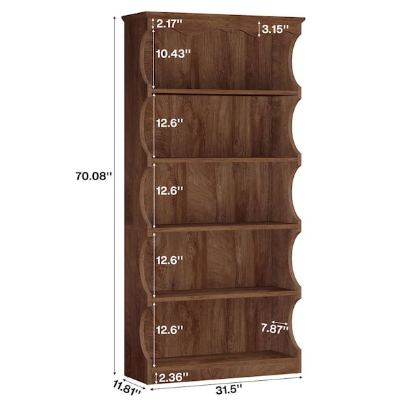 Eulas 70.08 in. Tall Deep Brown Wood 5-Shelf Standard Bookcase with Curved Edges, Traditional Bookshelf for Living Room