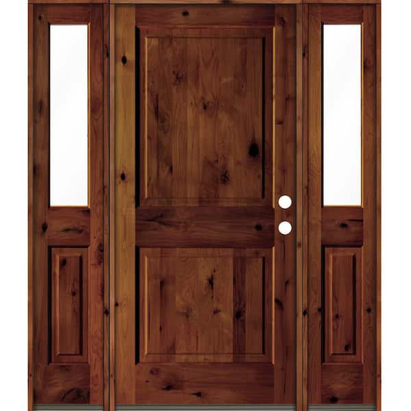 Krosswood Doors 64 in. x 80 in. Rustic Knotty Alder Square Red Chestnut Stained Wood Left Hand Single Prehung Front Door