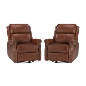 Kaletan Traditional Brown Genuine Leather Power Sliding and Rocking Swivel Recliner Nursery Chair Set with Rolled Arms