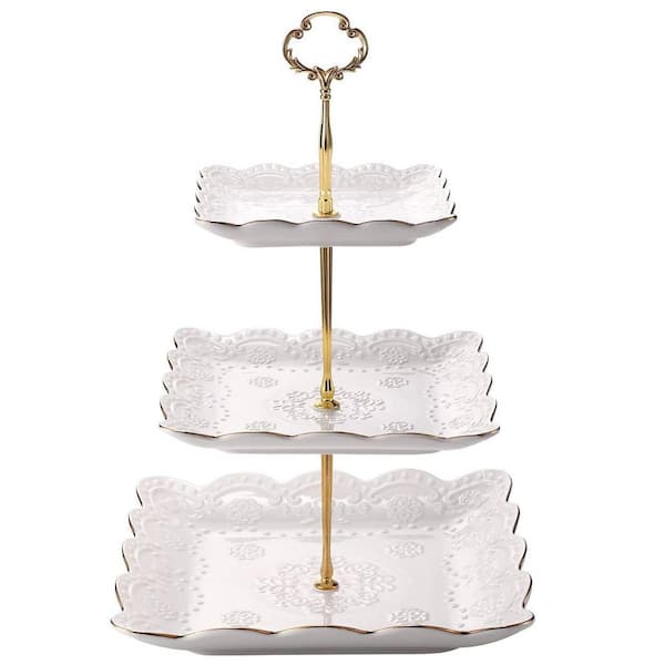 3-Tier White Square Porcelain Cake Stand, White Rimmed with Gold Embossed Cupcake Dessert Stand for Tea Party and Show