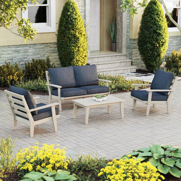 POLYWOOD Grant Park Sand 4-Piece Plastic Patio Conversation Deep Seating Set with Stone Blue Cushions