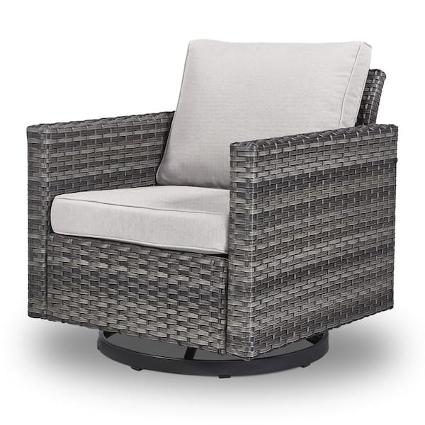 Opohoro U-Weave Metal and Gray Wicker Outdoor Rocking Chair Patio Swivel Chairs with Olefin Beige Cushions