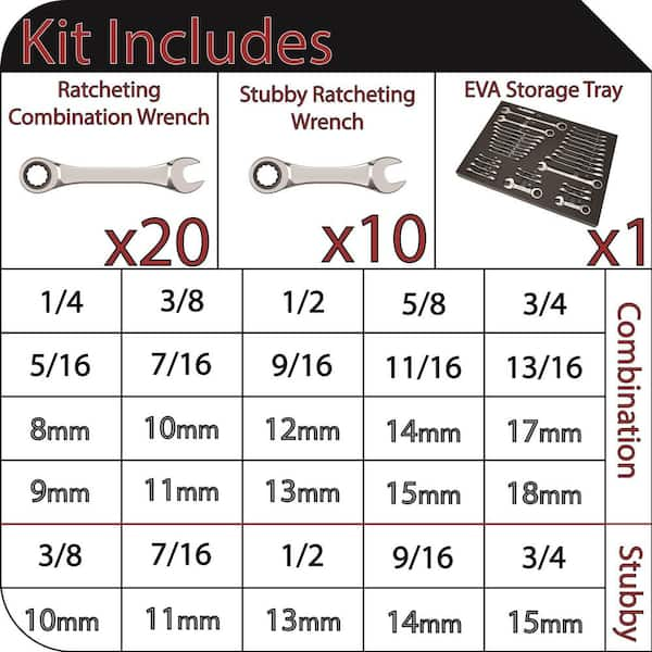 SAE and Metric Ratcheting Wrench Set in EVA Tray (30-Piece)