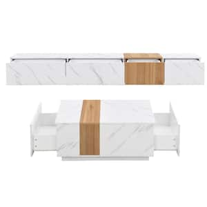 Modern White TV Stand Fits TV's up to 88 in. with Faux Marble, 2 Storage Drawers