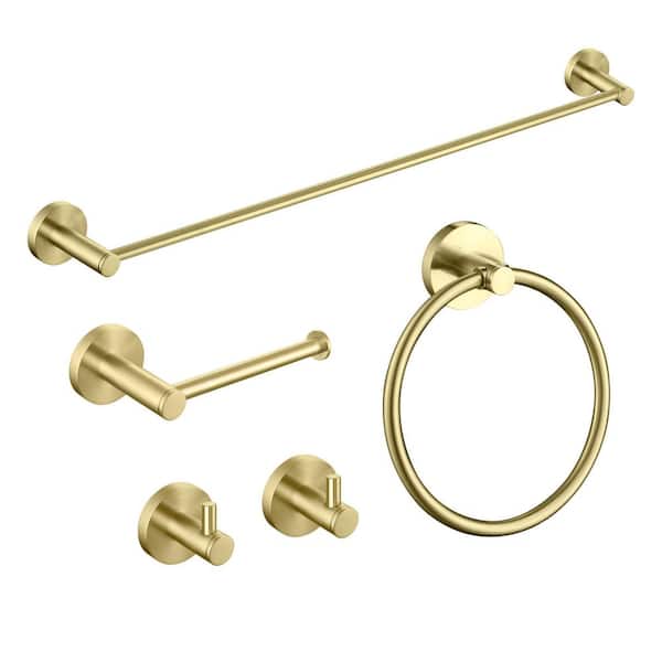 5-Piece Bathroom Hardware Set with Towel/Robe Hook Toilet Paper Holder Towel Ring Towel Bar/Rack in Brushed Gold