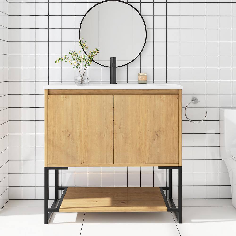 35.4 in. W x 18.9 in. D x 33.8 in. H Single Sink Freestanding Bath Vanity in F.Oak with White Cultured Marble Top price history on PriceWatchPro