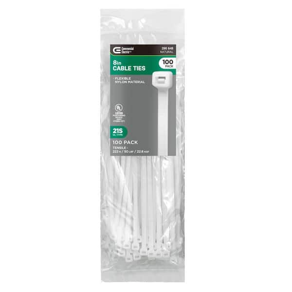 8in Standard 50lb Tensile Strength UL 21S Rated Cable Zip Ties 100 Pack Natural (White)