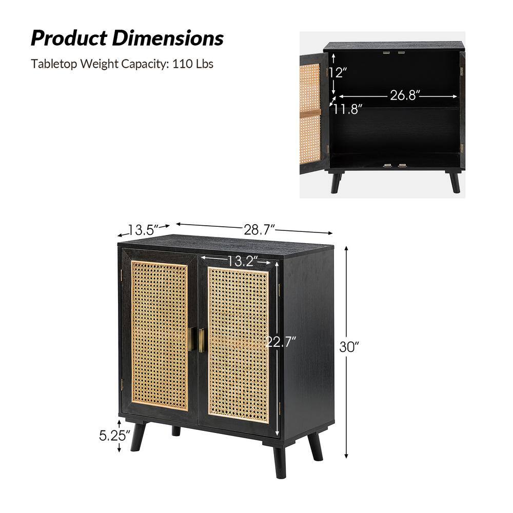 Black Medium Wood Accent Cabinet with Rattan Doors