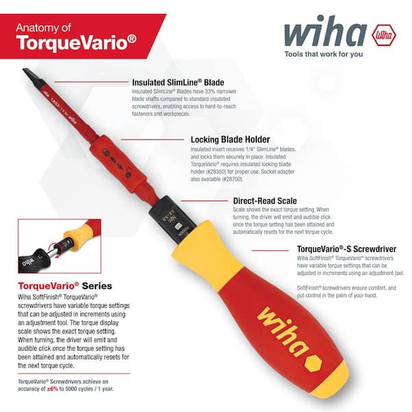 1000-Volt Insulated TorqueVario-s 10-50 in. /lbs. and SlimLine Blade Set, Slotted and Phillips Screwdrivers (8-Piece)