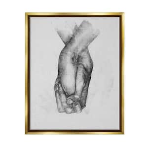 Simple Vintage Black & White Hand Holding Illustration by Ros Ruseva Floater Frame People Wall Art Print 21 in. x 17 in.