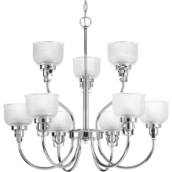 Progress Lighting Archie Collection 9-Light Chrome Chandelier with Clear Prismatic Glass Shade