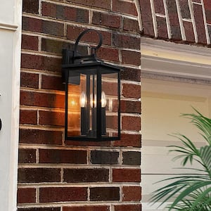 El campo 19.7 in. 3-Light Matte Black Dusk to Dawn Hardwired Outdoor Wall Lantern Scone with Panel Clear Glass (1-Pack）