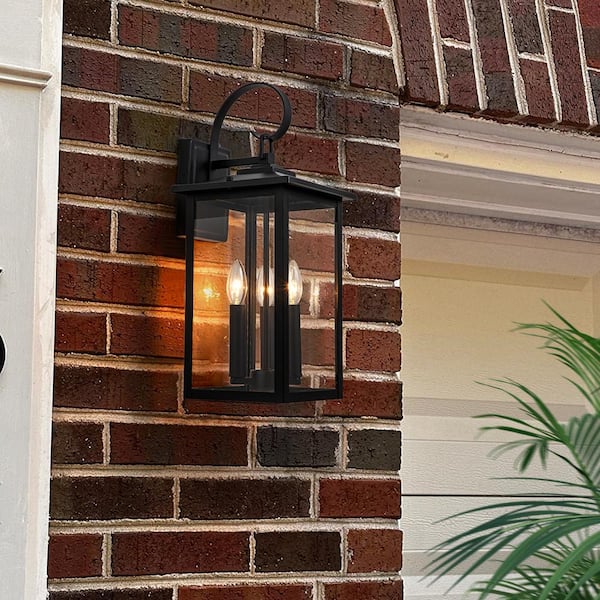 HUOKU El campo 19.7 in. 3-Light Matte Black Dusk to Dawn Hardwired Outdoor Wall Lantern Scone with Panel Clear Glass (1-Pack）