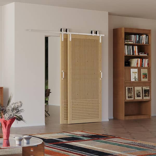 96 in. x 84 in. Pine Wood Fluted Vertical and Horizontal Slat Bypass Assembly Required Barn Door with Hardware Kit
