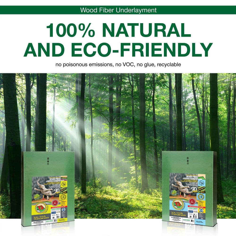 Natural Green Wood Fiber Acoustic Underlayment, 3mm Thickness, 90 Sq Ft