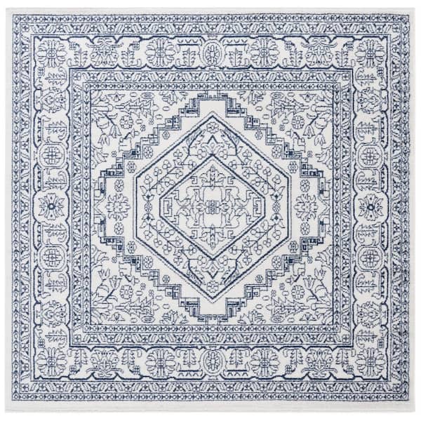 Adirondack Ivory/Navy 12 ft. x 12 ft. Border Medallion Square Area Rug