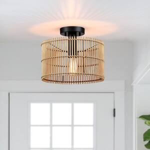 11.8 in. 1-Light Eclectic Natural Rattan and Bamboo Semi-Flush Mount Ceiling Light with Black Hardware
