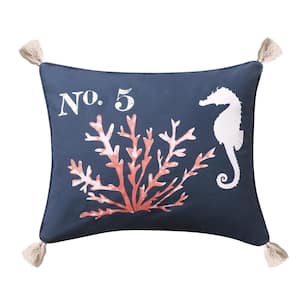 Bakio Navy, White, Coral, Seahorse Print and Tassels 18 in. x 14 In. Throw Pillow