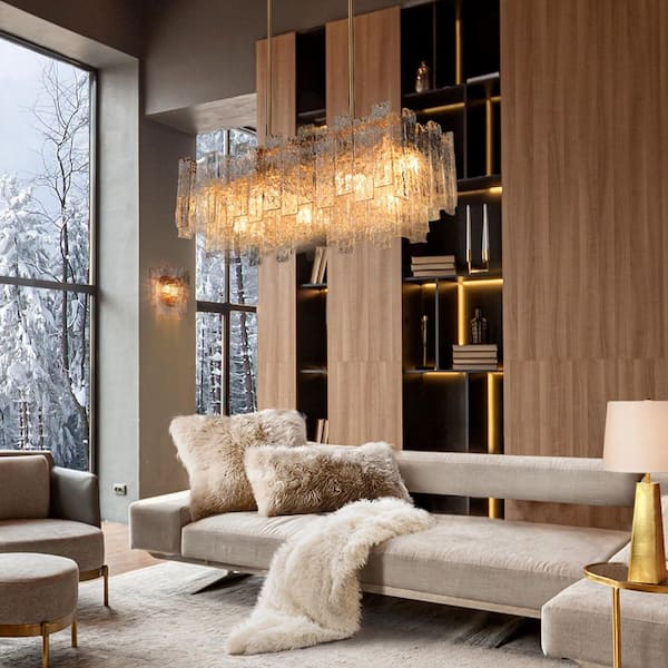 Luxury 7-Light Plated Brass Handmade Glacier Glass Island Chandelier for Kitchen Island with No Bulbs Included