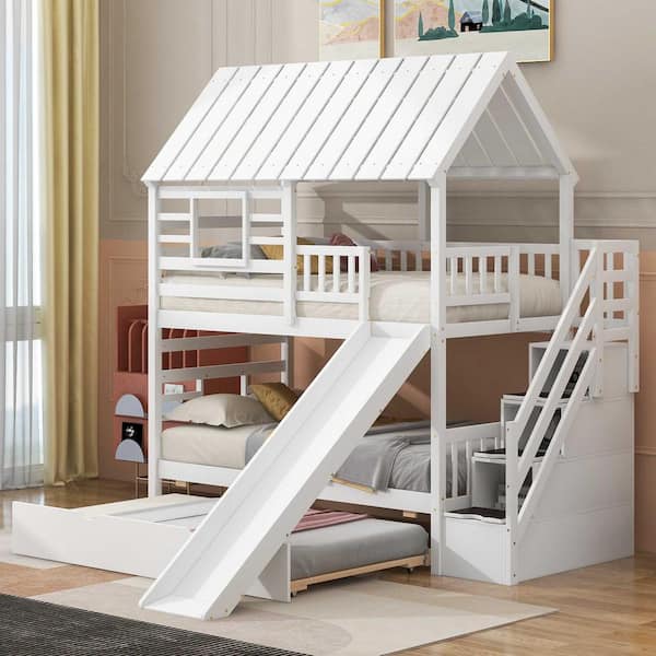 White Twin Over Twin House Bunk Bed with Trundle and Slide, Storage Staircase, Roof and Window Design
