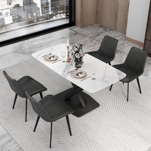 62.99 in. White Rectangle Sintered Stone Tabletop Dining Table with Pedestal Black Carbon Steel Base (Seats-6)