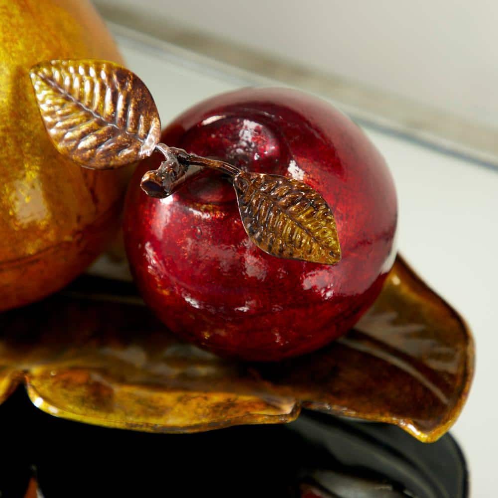 Glossy Red Apple and Yellow Pear Metal Sculpture on Leaf Tray