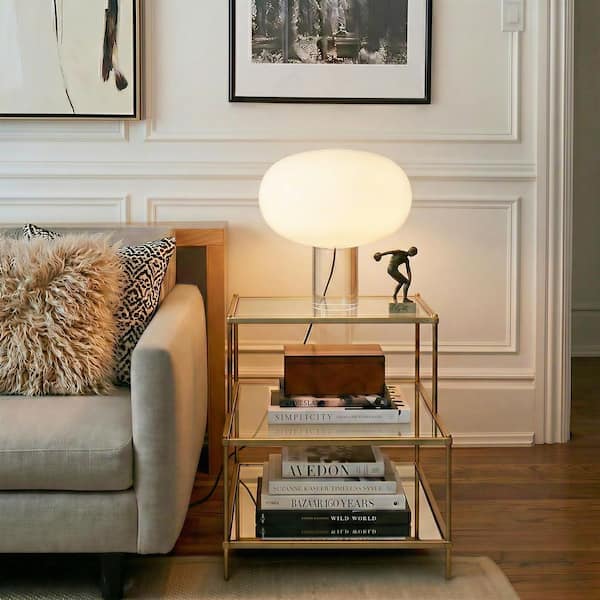 Callisto 11.02 in Integrated LED Glossy White Glass Modern Industrial Rounded Gradient Dimming Nightstand Desk Lamp