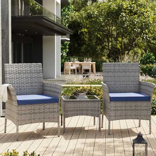 3-Piece Outdoor Rattan Seating Group with Cushions, Patio Bistro Set with Table-Ideal for Garden (Set of 2)