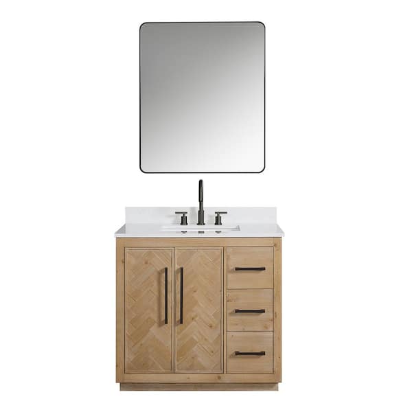 Altair Bellavia 36 in. W x 22 in. D x 34 in. H Single Sink Bath Vanity in Weathered Fir with Grain White Stone Top and Mirror