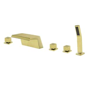 3-Handle Waterfall Deck-Mount Roman Tub Faucet with Handheld Shower Brass 5-Hole Bathtub Fillers in Brushed Gold