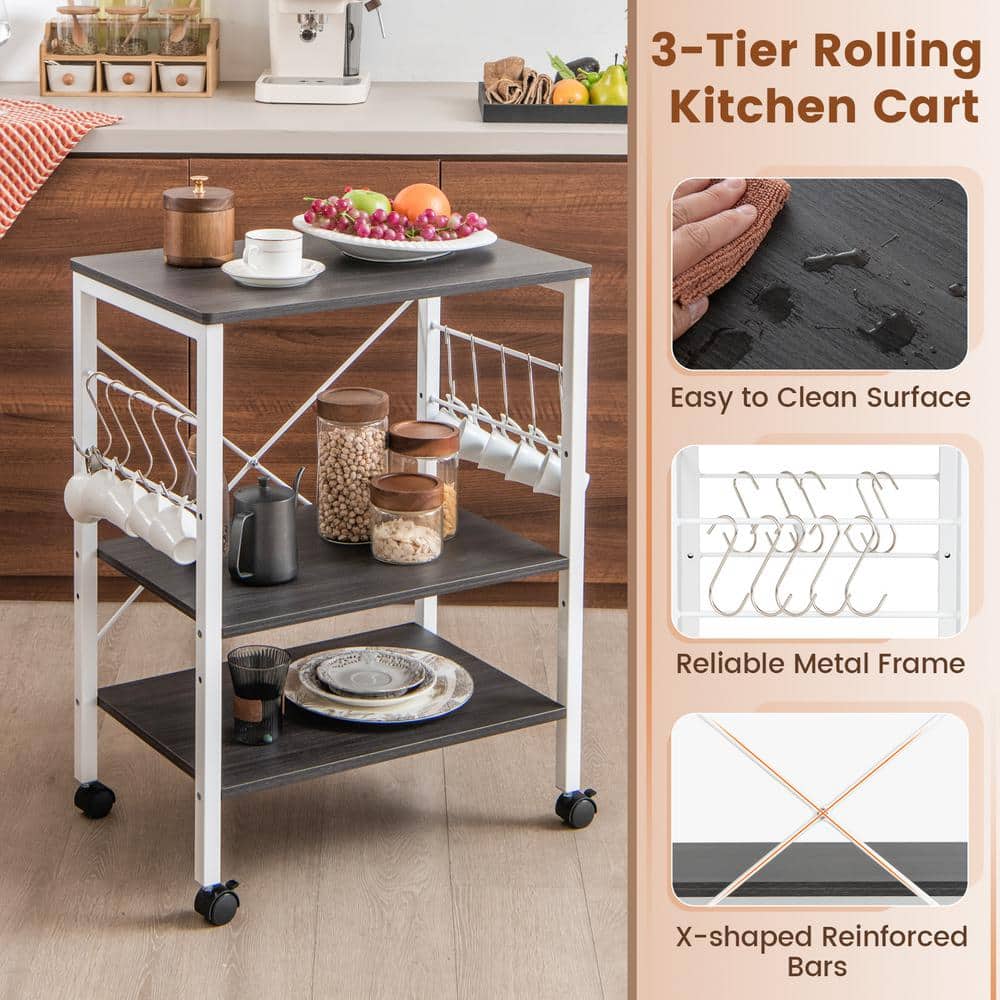 Brown 3-Tier Kitchen Cart with Storage and Hooks