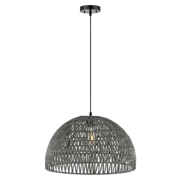 Campana 20 in. 1-Light Grey Bohemian Modern Woven Rattan/Iron LED Pendant, Black