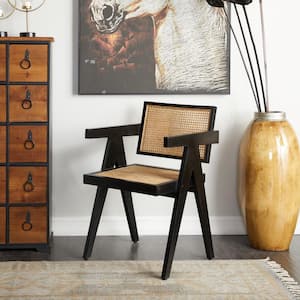 Dark Brown Handmade Teak Wood Accent Chair with Woven Cane Seat