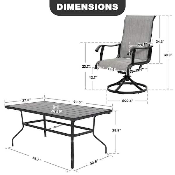 Black 7-Piece Metal and Textilene Rectangular Outdoor Dining Set with Umbrella Hole, Slatted Tabletop, Swivel Design