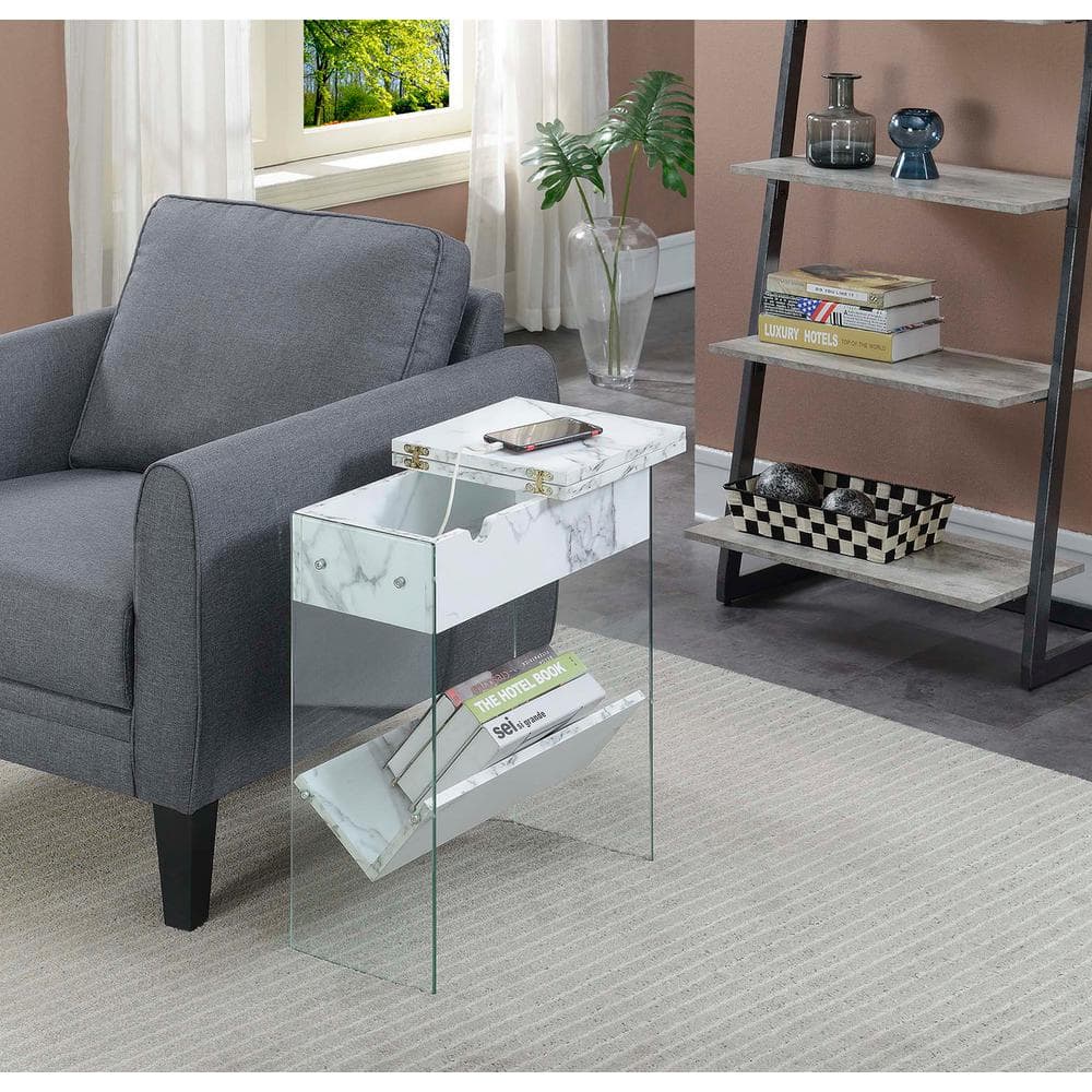 SoHo Modern White Faux Marble Flip Top End Table with Charging Station
