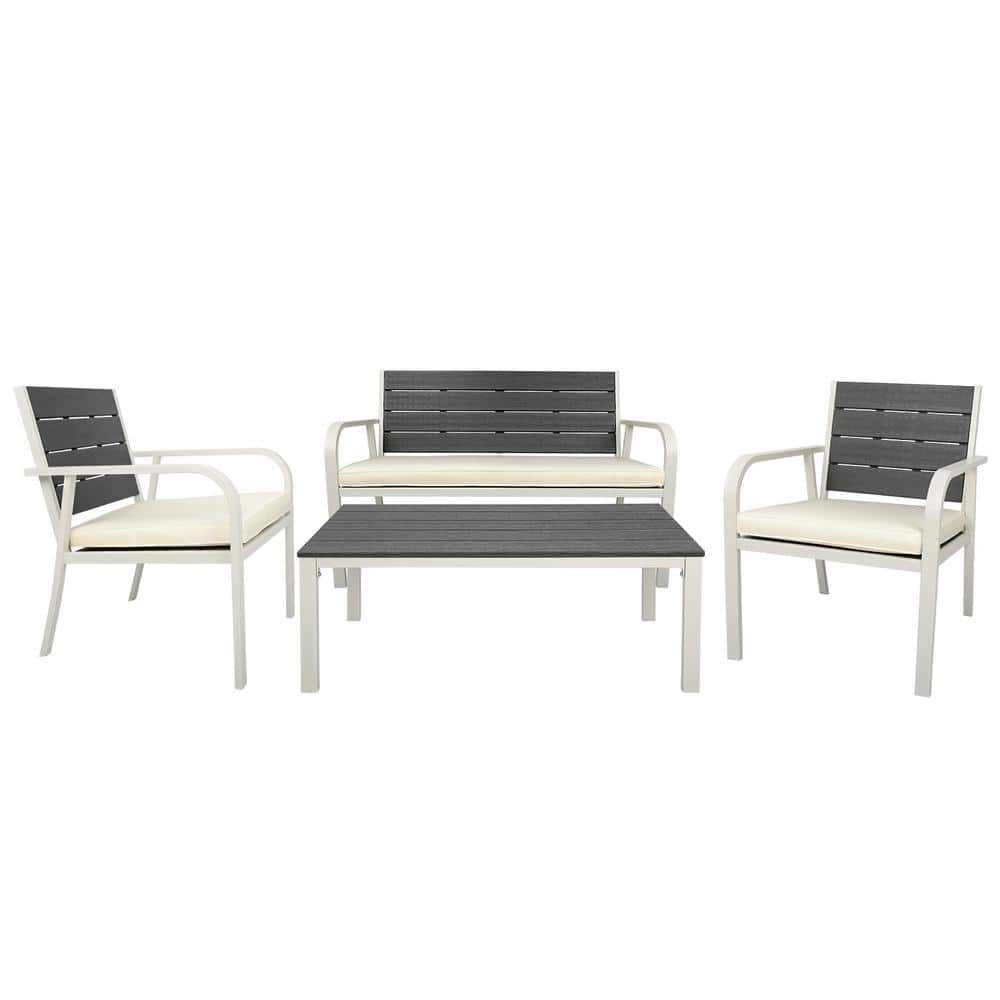 4-Piece White Outdoor Metal Patio Conversation Set with White Cushions and 