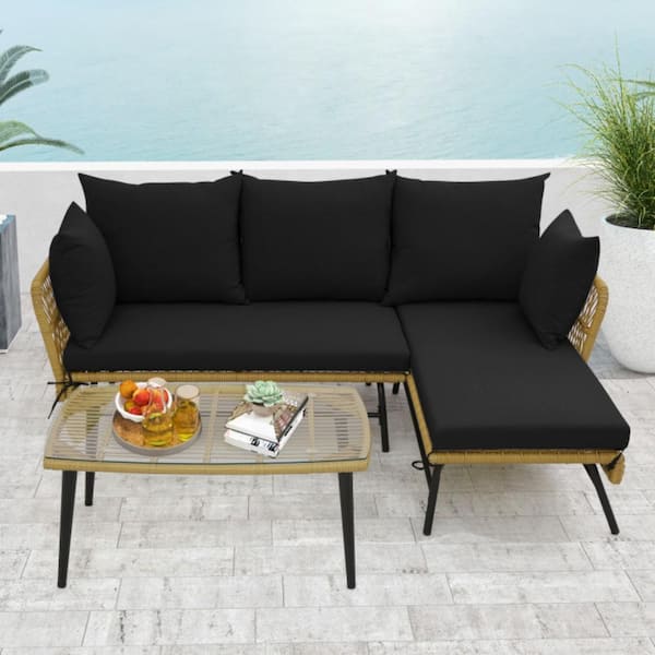 Kadehome Outdoor 3-Piece Wicker L-Shaped Patio Conversation Sectional Sets with Tempered Glass Table and Black Cushions