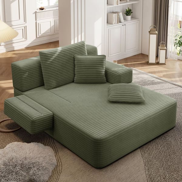 Green Plush Corduroy Convertible Chaise Lounge Sleeper Sofa Bed with Foam and Spring Support, No Assembly Required