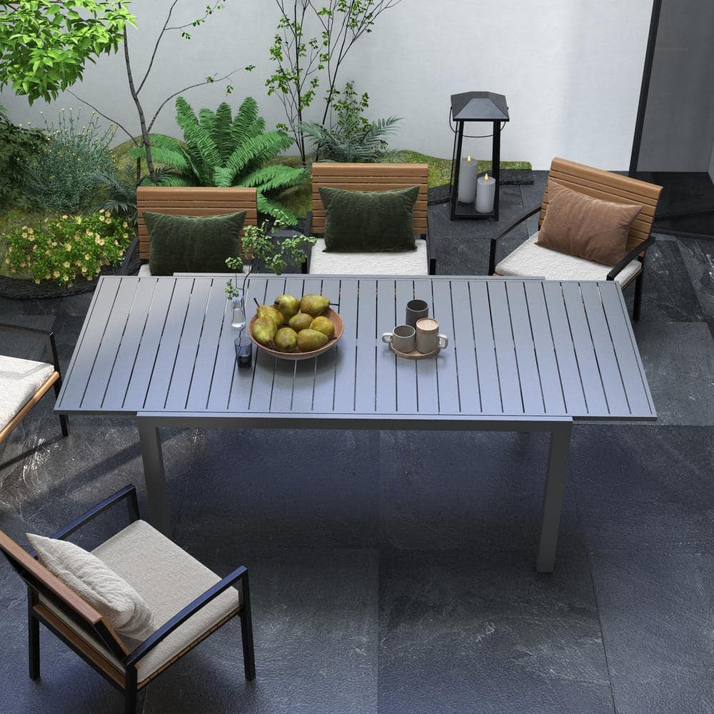 Charcoal Gray Aluminum Expandable Outdoor Dining Table for 6-8