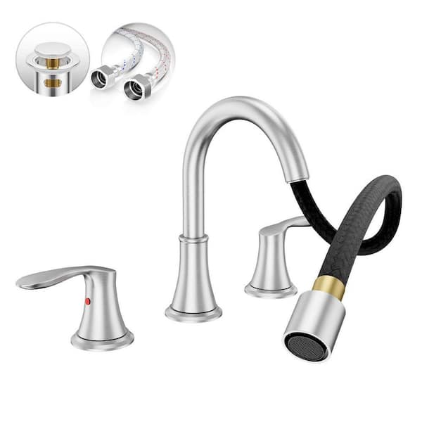 8 in. Brushed Nickel Widespread Bathroom Faucet-Pull-Out Sprayer, Metal Pop-Up Drain, Water Supply Lines