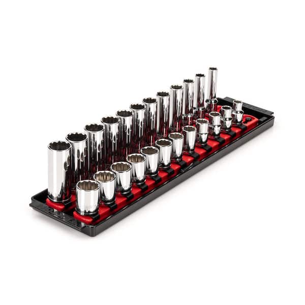 TEKTON 3/8 in. Drive 12-Point Socket Set with Rails (8 mm-19 mm) (24-Piece)