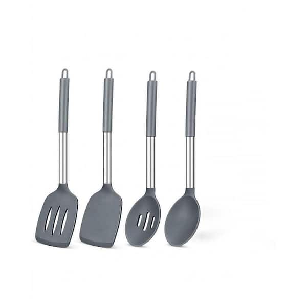 4 Pack Silicone Cooking Utensil Set Gray Heat Resistant Non Stick Spatulas and Slotted Spoons BPA Free