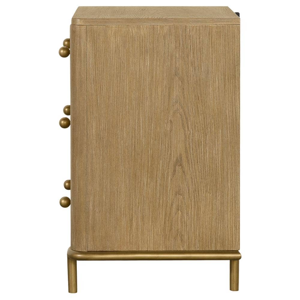 Arini Sand Wash 3-Drawer Nightstand with Brass Knobs